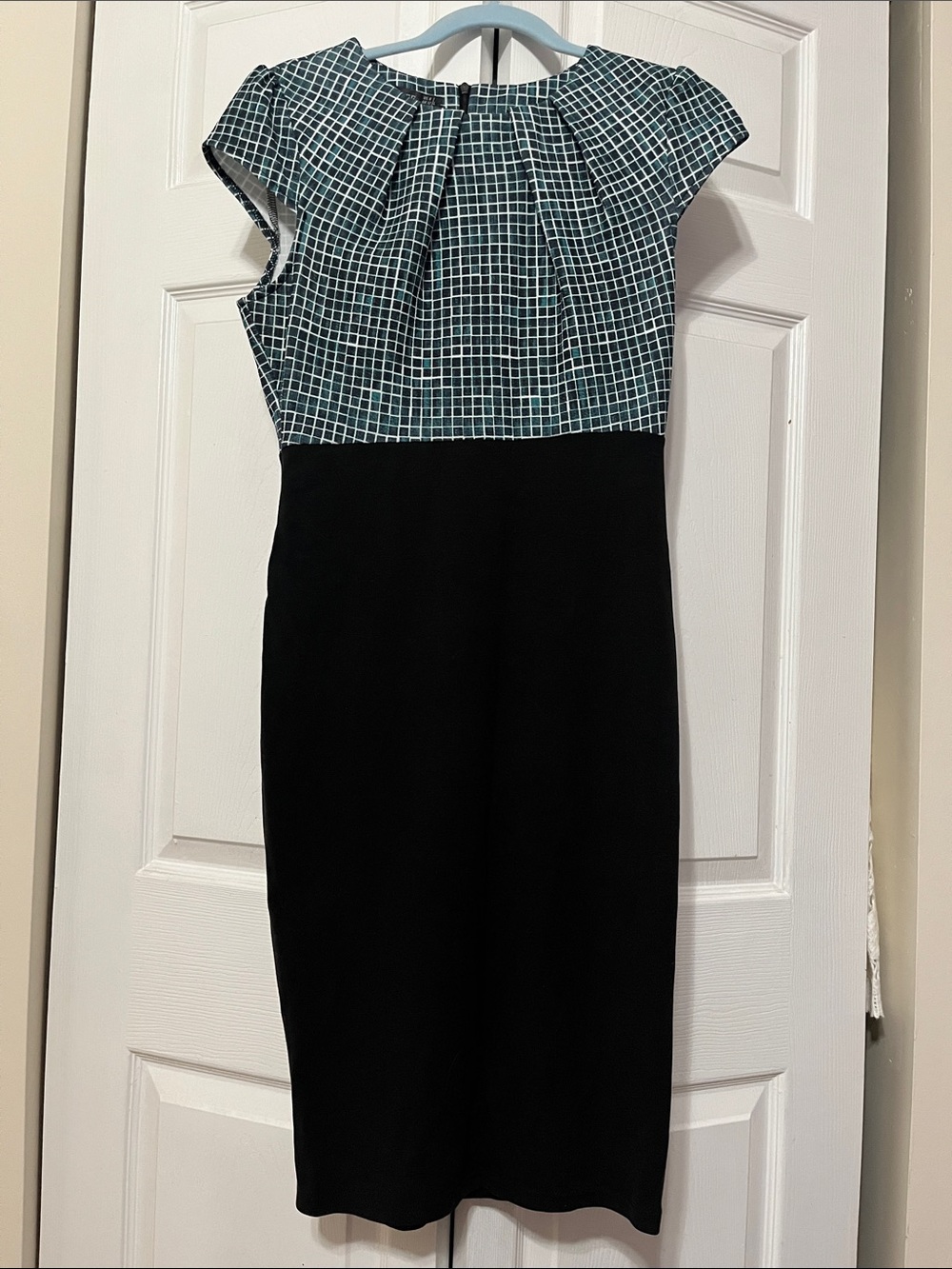 Black & Teal Grid Cap-Sleeve Midi Sheath Dress
